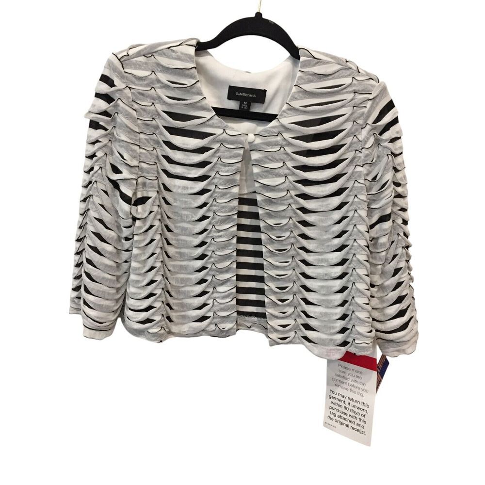 RM Richards Crop Jacket White Black Striped Womens Size M 3/4 Sleeve Ruffle NWT